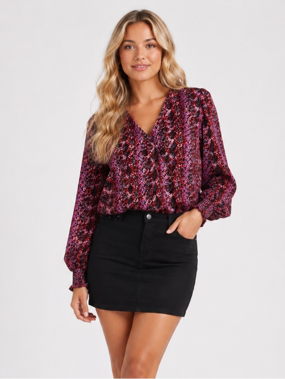 Veronica M Faux Wrap Long Sleeve Blouse  Abstract Animal Snakeskin Print  Size S